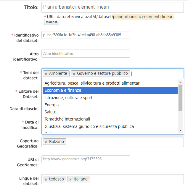 Form di modifica del dataset