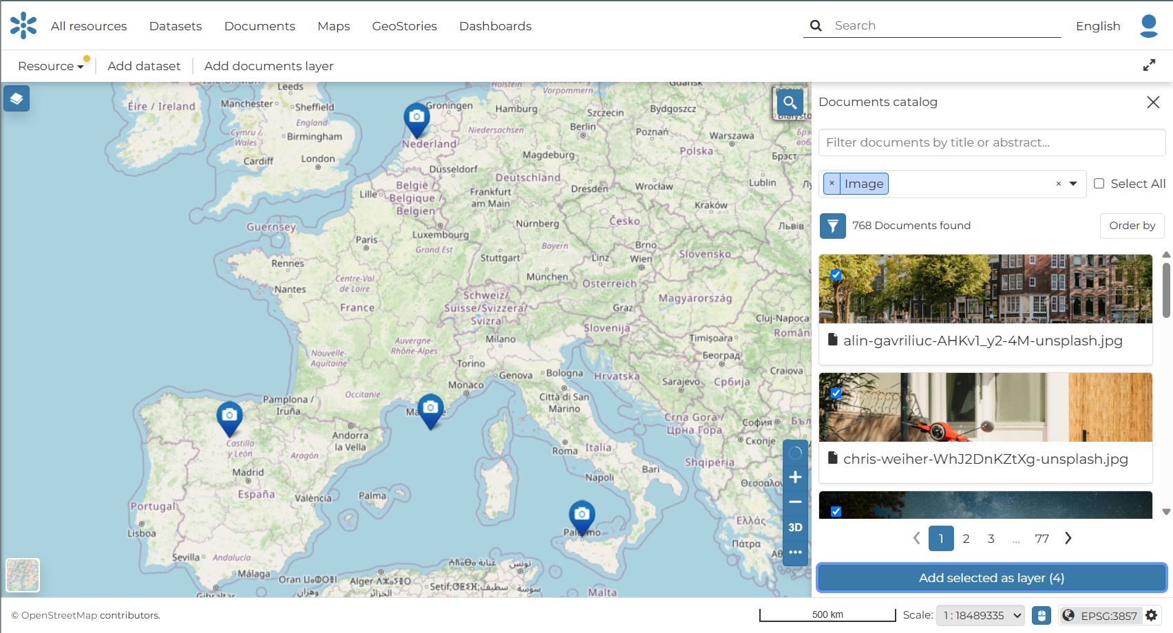 GeoNode map with the documents catalog open and document markers placed on the map
