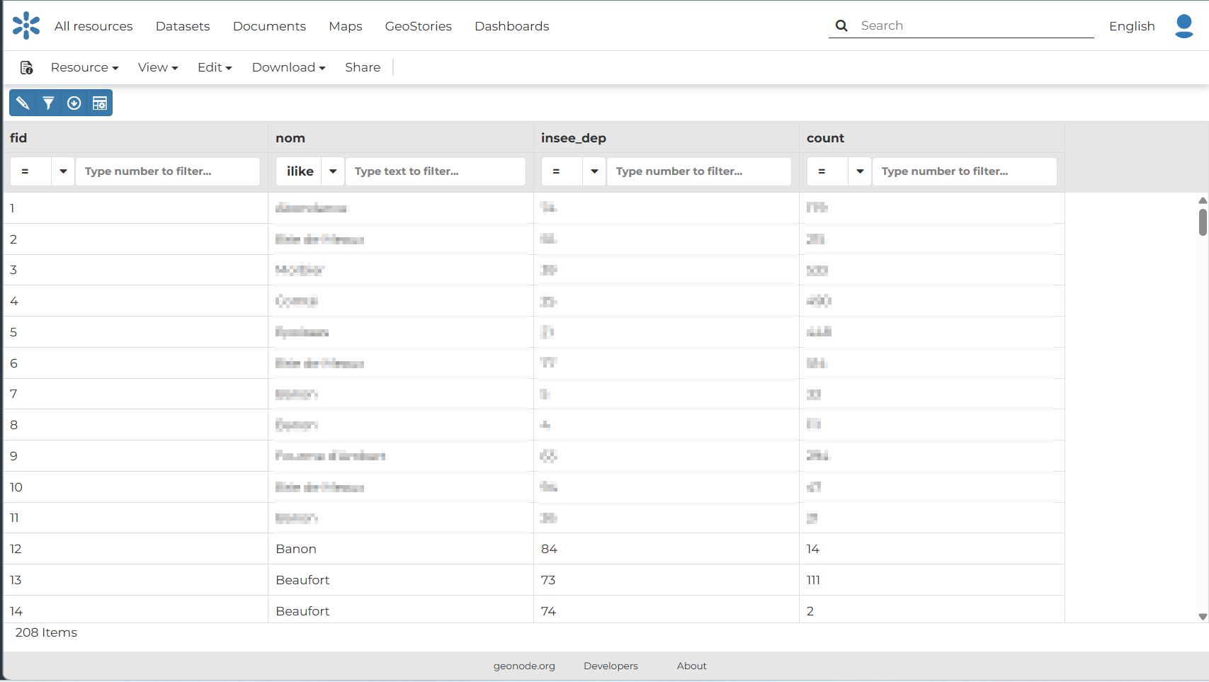 Preview of a tabular resource in GeoNode with filter and export tools