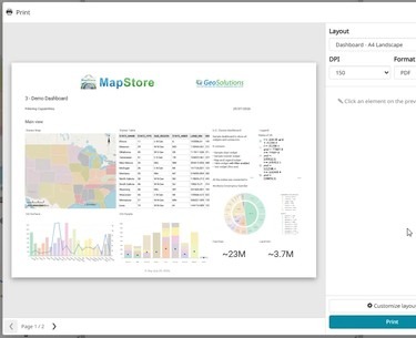 A MapStore dashboard laid out as a printable A4 page in the Print Composer preview